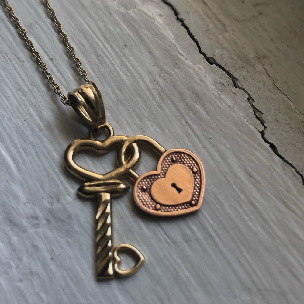 10K Solid Gold Key To Your Heart 2 Charm Necklace